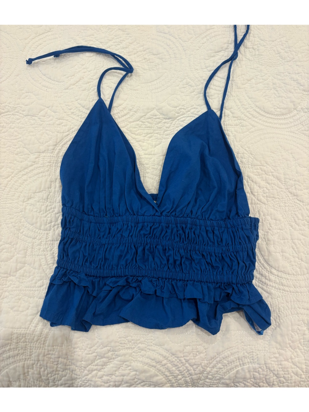 Sim and Sam Blue top with ruffled neckline and adjustable tie straps